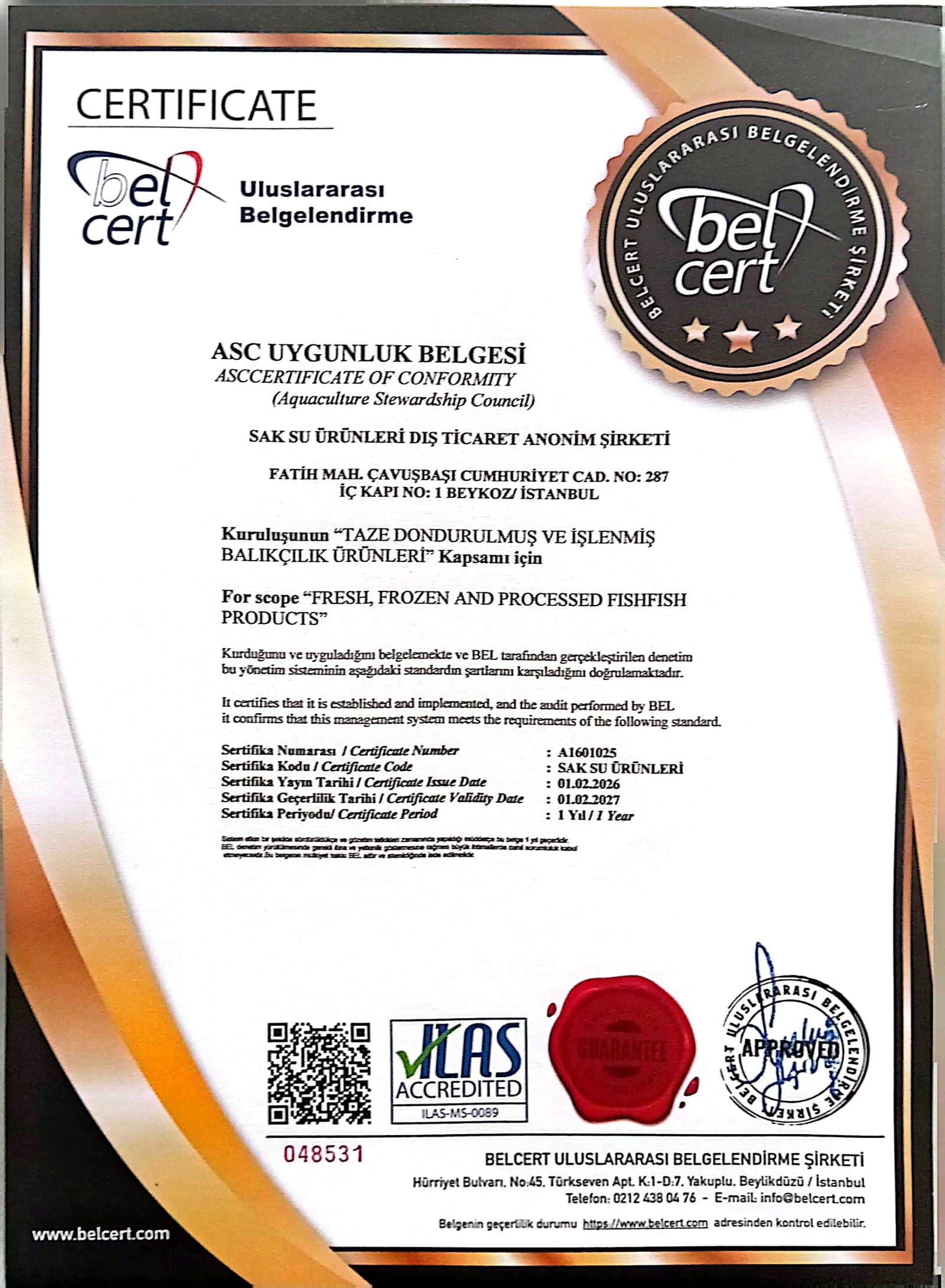 ASC Uygunluk Belgesi belgesinin taranmış görüntüsü