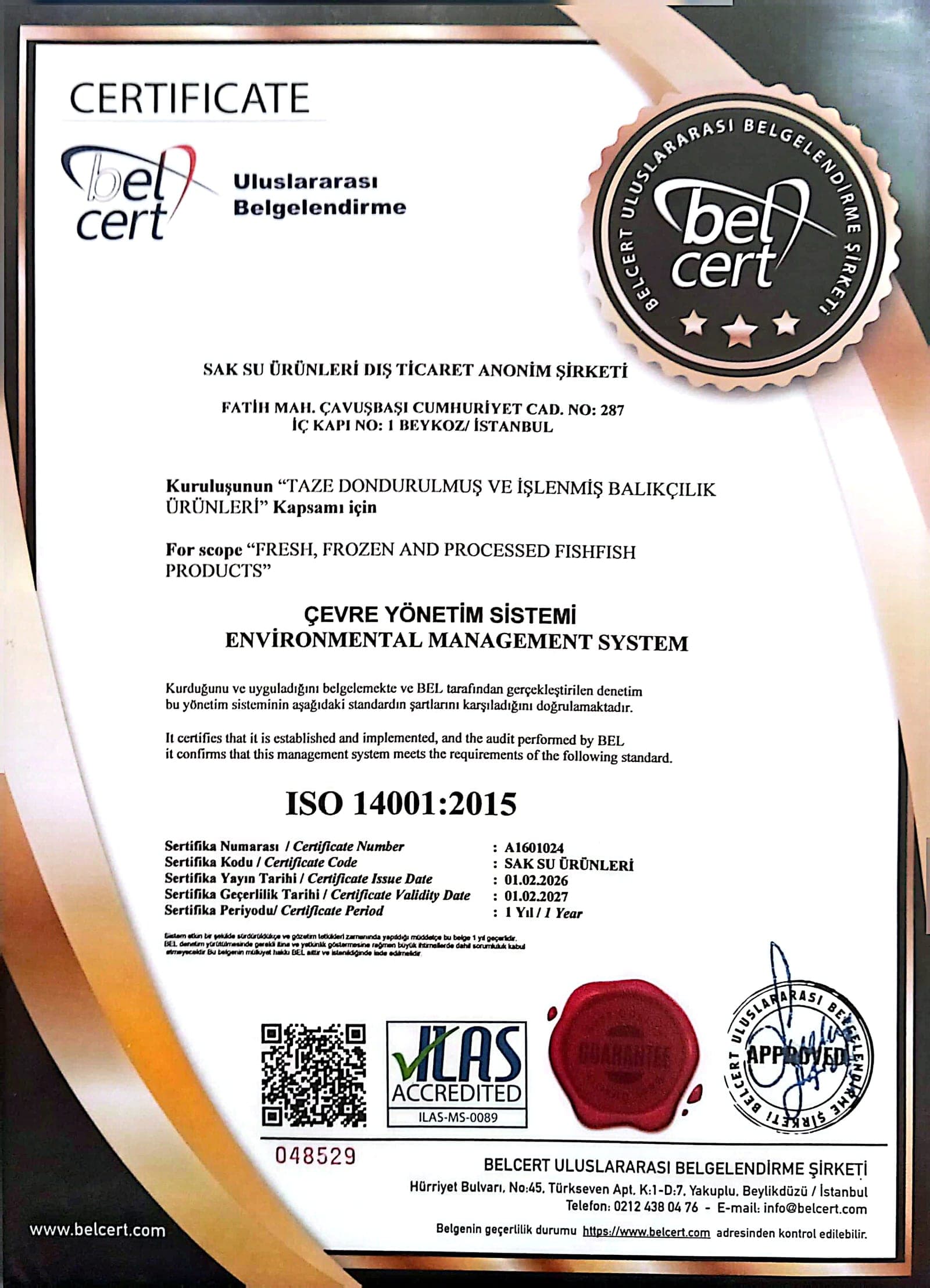ISO 14001:2015 Çevre Yönetim Sistemi belgesinin taranmış görüntüsü