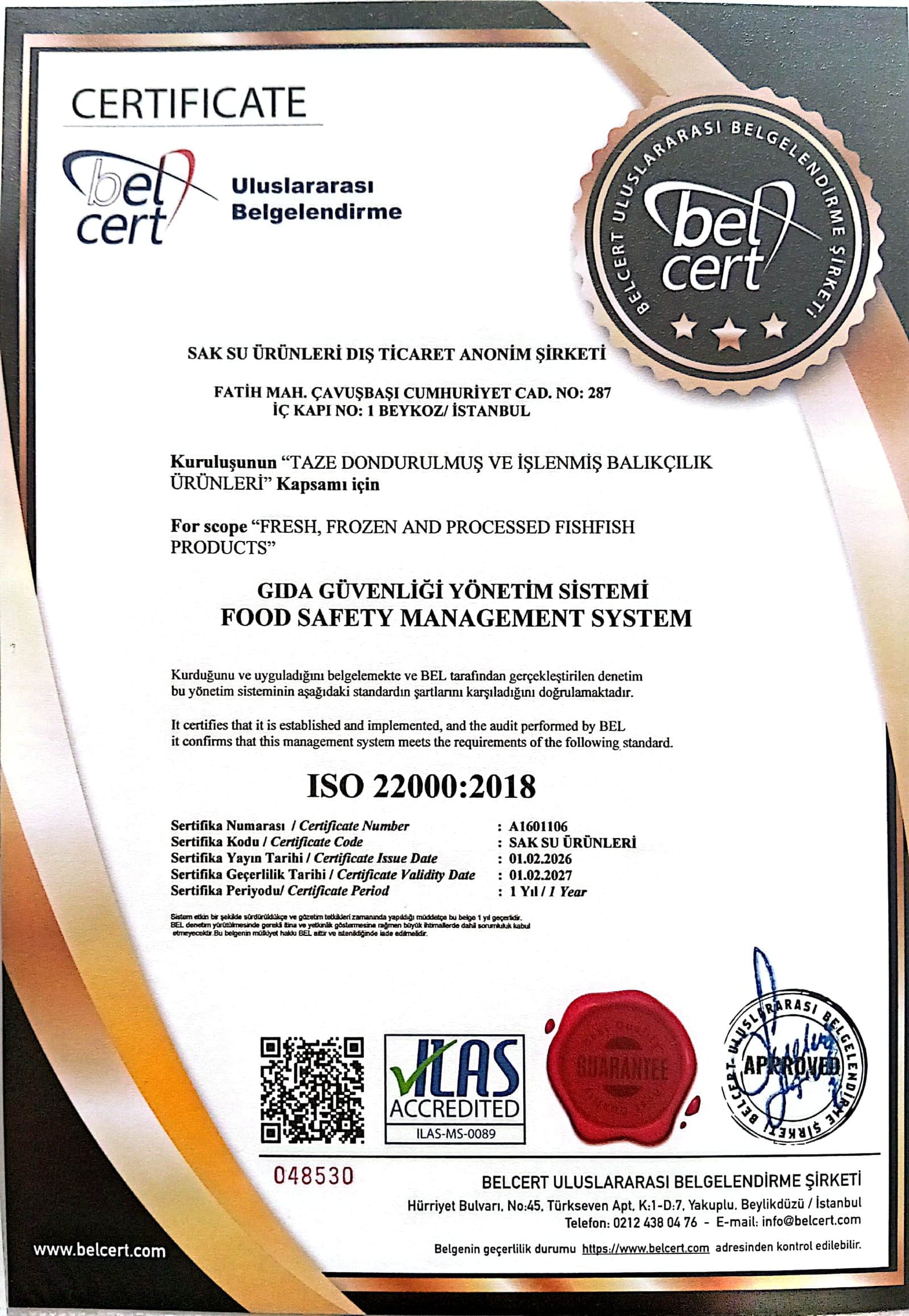 ISO 22000:2018 Gıda Güvenliği Yönetim Sistemi belgesinin taranmış görüntüsü