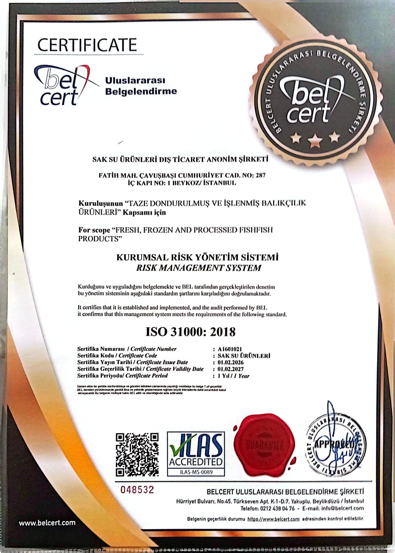 ISO 31000 Risk Yönetim Sistemi belgesinin taranmış görüntüsü