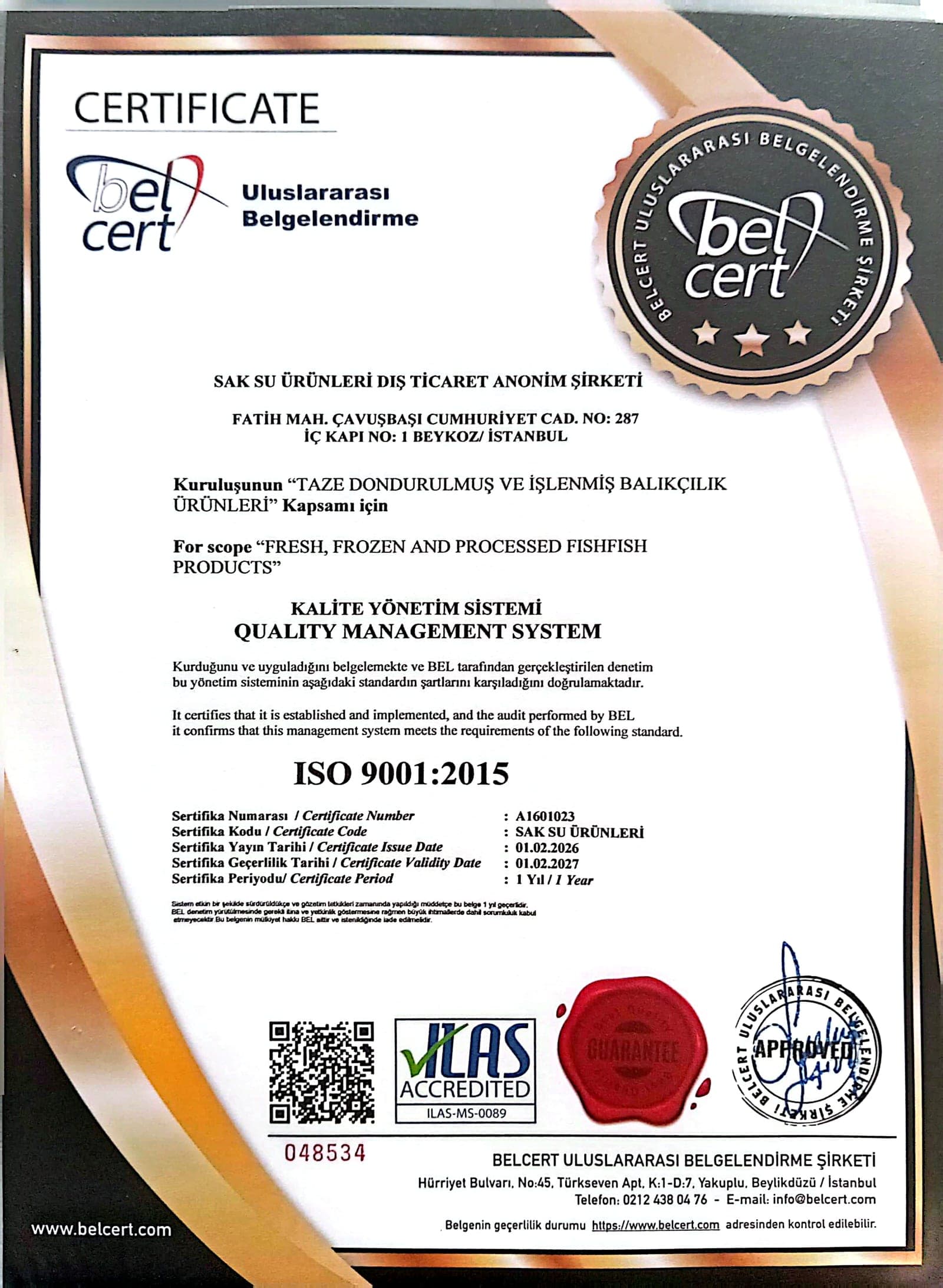 ISO 9001:2015 Kalite Yönetim Sistemi belgesinin taranmış görüntüsü