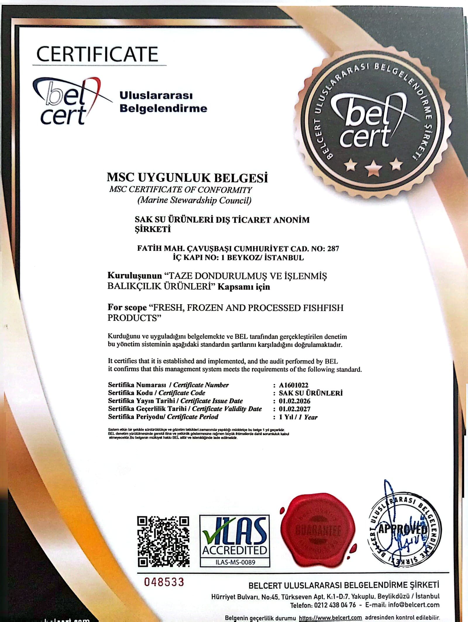 MSC Uygunluk Belgesi belgesinin taranmış görüntüsü